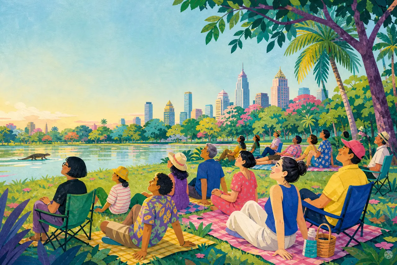 Illustrierte Gruppe von Menschen, die ruhig in einem Park in Bangkok am See sitzt