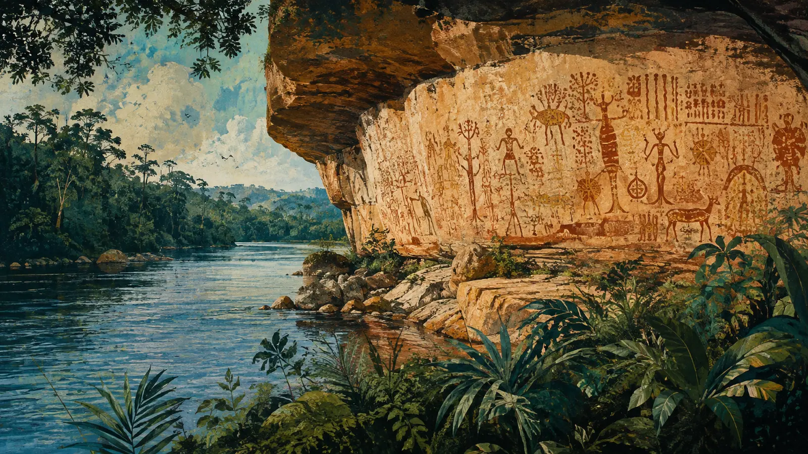Illustration of red and yellow rock paintings in the Amazon rainforest