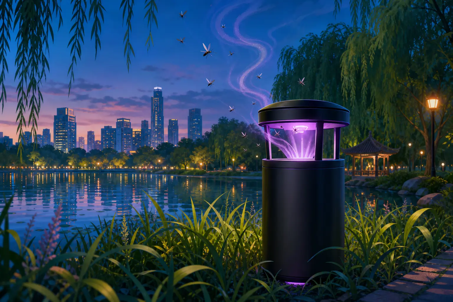 Illustration of a futuristic mosquito trap in a green Wuhan park