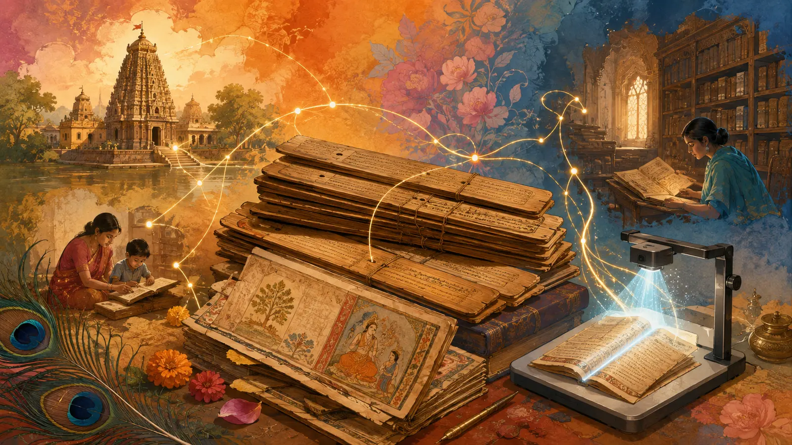 Illustration of ancient manuscripts connected across a map of India