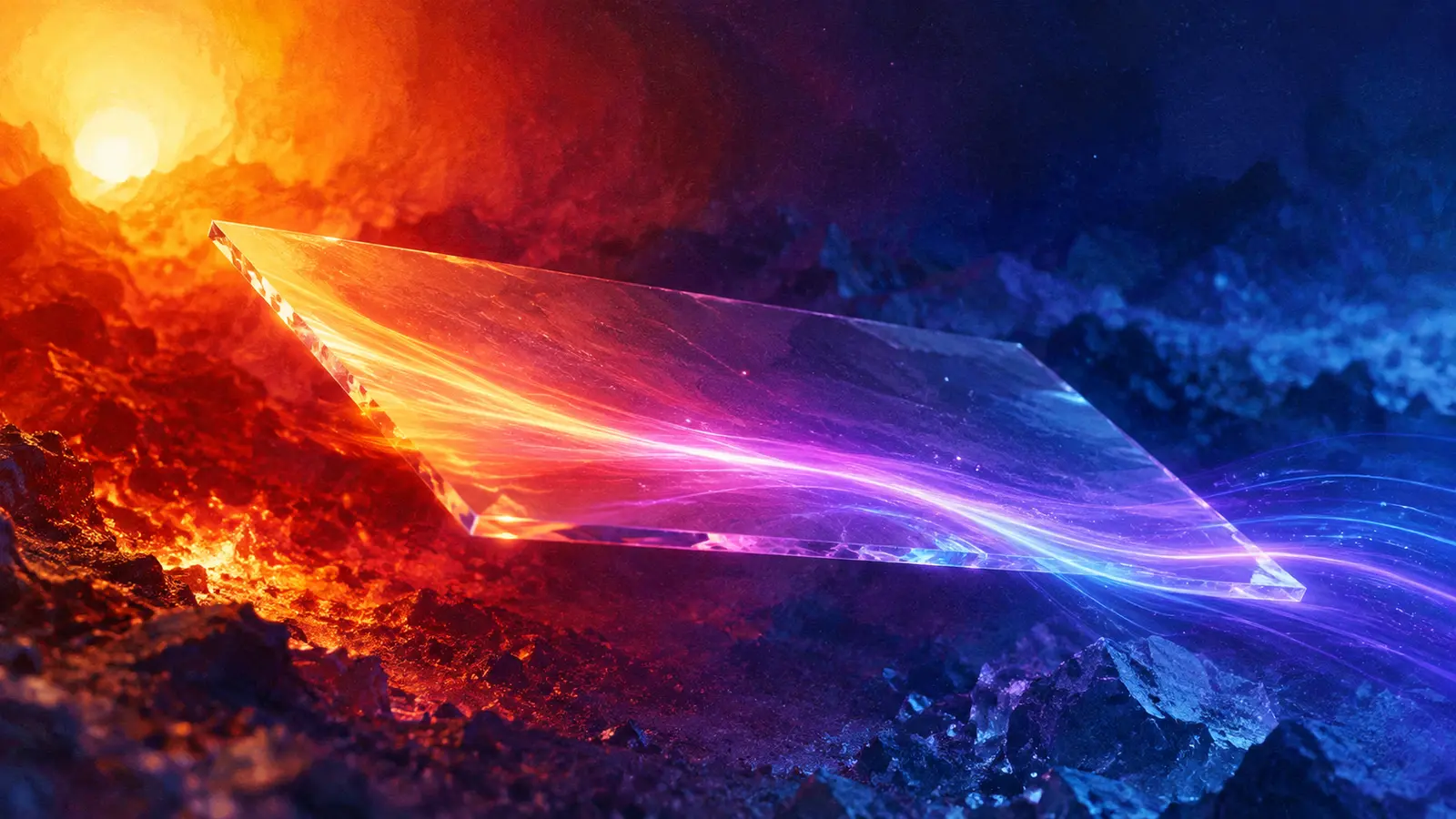 Illustration of a crystal turning a temperature difference into electric light