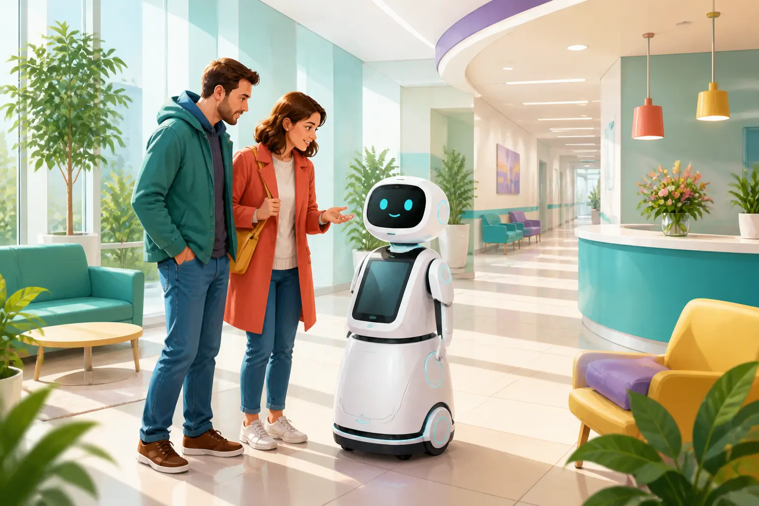 Illustration of a friendly robot assistant at a hospital reception desk